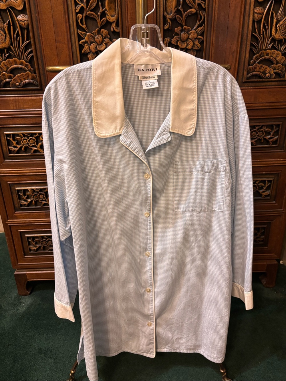 Vintage Natori Neiman Marcus Blue Gingham Cotton Nightshirt Pajama Top